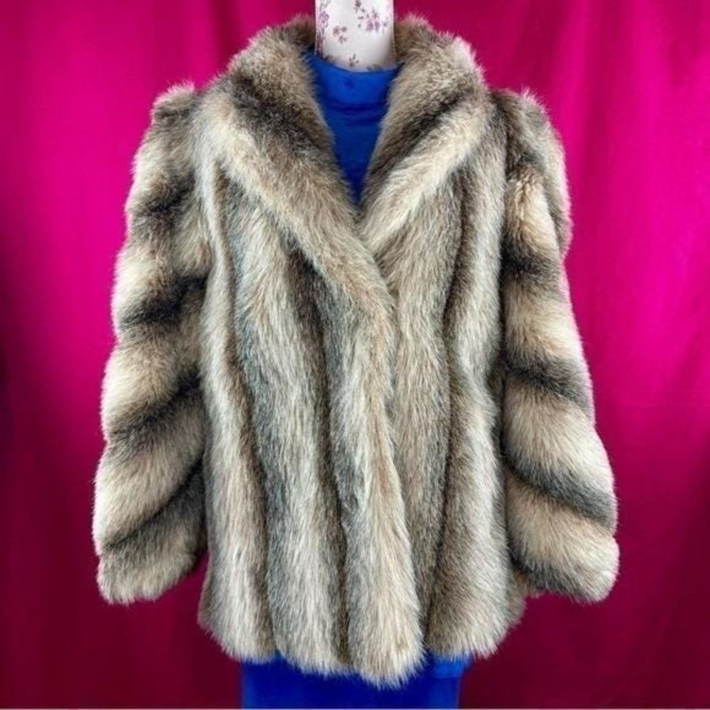 Vintage Faux Fur Striped Coat Brown Short Large Mob Wife Glam Luxury Chic - Picture 4 of 17